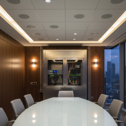 Professional commercial audio system installation in corporate conference room